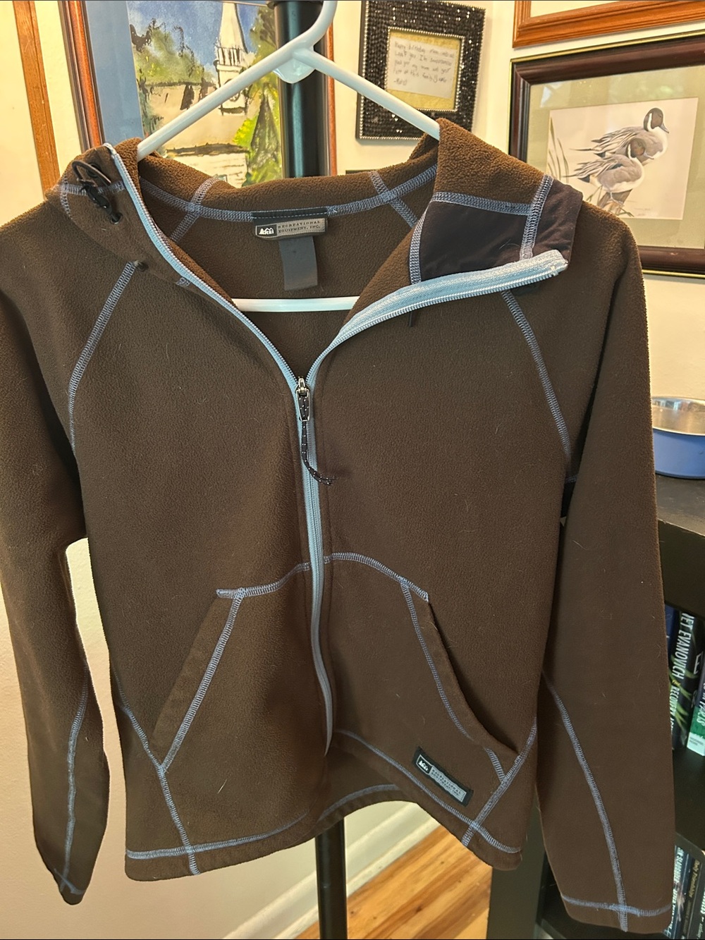 REI Brown Hooded Zip-Up Fleece Jacket with Light Blue Trim